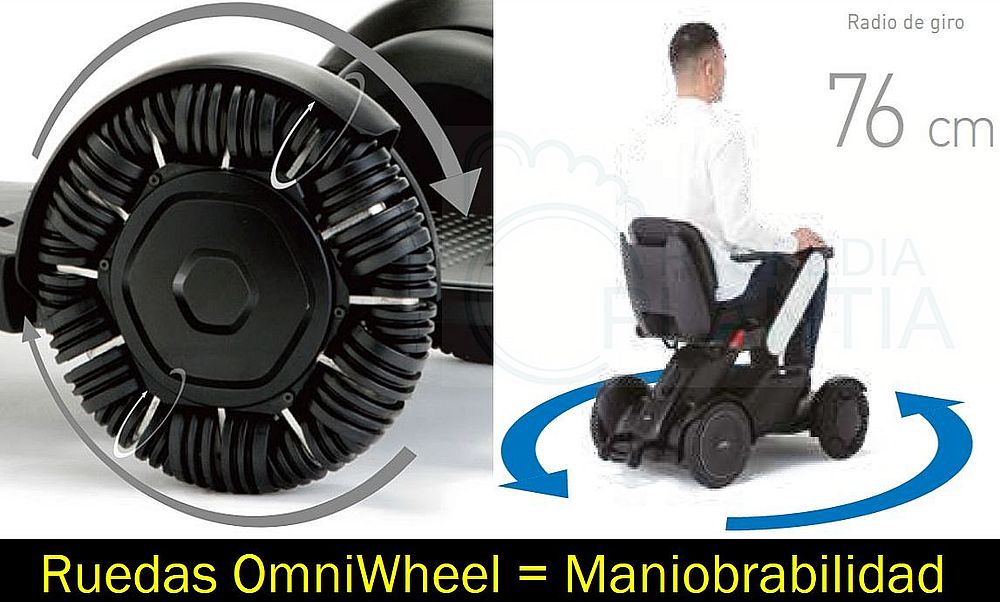 Ruedas OmniWheel en la silla de ruedas eléctrica APEX Whill Model C2, que le permite una gran maniobrabilidad que se concreta en un radio de giro de sólo 76 cm